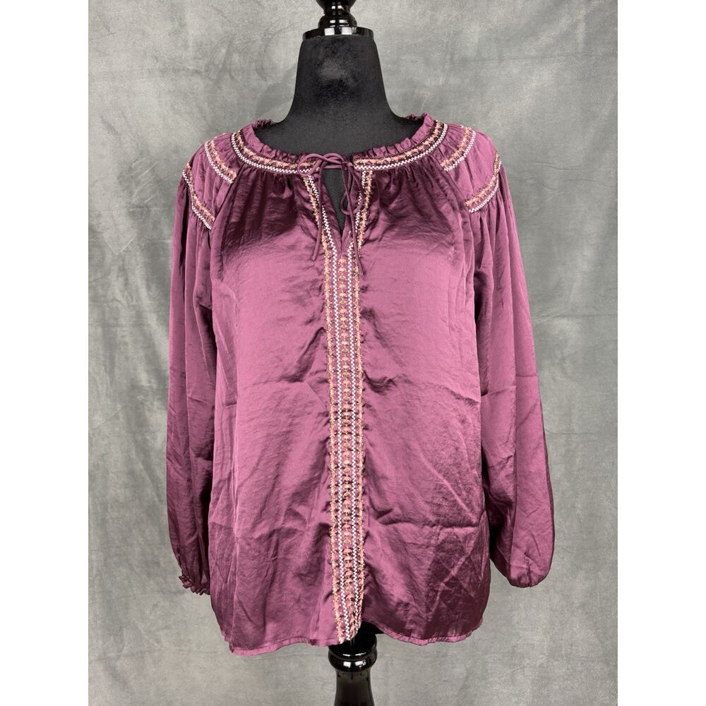 Lucky Brand Ballon Sleeve Top Womens Large Embroidered Boho